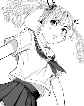 1girl commentary_request dutch_angle eyebrows_hidden_by_hair greyscale hair_ribbon highres lee_(dragon_garou) miniskirt monochrome original parted_lips pleated_skirt ribbon school_uniform serafuku sideways_glance skirt solo twintails upper_body