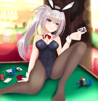 Rule 34 | 1girl, :3, :q, animal ear hairband, animal ears, arm at side, ayachi nene, black hairband, black leotard, black pantyhose, blurry, blurry background, blush, bow, bowtie, breasts, cafe stella to shinigami no chou, card, casino, casino card table, character playing cards, character print, chinoha usagi, cleavage, closed mouth, commentary request, company connection, detached collar, dracu-riot!, elena olegovna owen, fake animal ears, foot out of frame, grey hair, hair between eyes, hairband, hand up, highleg, highleg leotard, highres, holding, holding card, inaba meguru, indoors, knee up, large breasts, lens flare, leotard, licking lips, long hair, looking at viewer, no shoes, official alternate costume, official alternate hairstyle, on table, pantyhose, playboy bunny, poker chip, rabbit ear hairband, rabbit ears, red bow, red bowtie, red eyes, sanoba witch, side ponytail, sidelocks, sitting, smile, solo, split mouth, spread legs, strapless, strapless leotard, sumizome nozomi, table, tongue, tongue out, very long hair, white wrist cuffs, wrist cuffs, yarai miu, yuzusoft