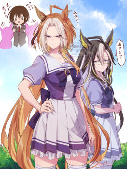 4girls ahoge anger_vein angry animal_ears black_hair blue_eyes blue_sky breasts cloud cloudy_sky collarbone collared_shirt commentary_request cowboy_shot dream_journey_(umamusume) expressionless eyewear_strap flat_chest formal_clothes glasses hair_between_eyes hand_on_own_hip highres horse_ears horse_girl horse_tail interlocked_fingers large_breasts long_hair looking_at_another looking_at_viewer multicolored_hair multiple_girls necktie orange_hair orfevre_(umamusume) outdoors pleated_skirt puffy_short_sleeves puffy_sleeves purple_eyes purple_sailor_collar red_necktie sailor_collar school_uniform shirt short_sleeves siblings sisters skirt sky speech_bubble streaked_hair suit sweat tail thick_thighs thighhighs thighs tracen_school_uniform trainer_(umamusume) translation_request two-tone_hair umamusume v-shaped_eyebrows watermark yue_(lov_n_n)