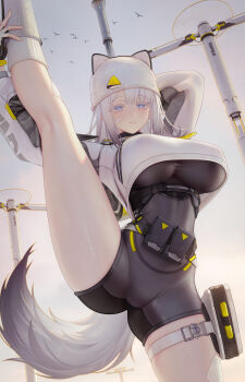 1girl arknights arknights:_endfield arm_behind_head bandaid bandaid_on_face binggong_asylum black_bodysuit blue_eyes blush bodysuit breasts commentary_request crop_top estella_(arknights) highres large_breasts long_sleeves pouch solo split standing standing_on_one_leg standing_split tail thigh_pouch white_hair