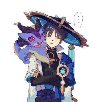 ... 1boy animal animal_on_shoulder averting_eyes black_bodysuit black_bow black_bridal_gauntlets black_hair black_shorts blue_cape blue_gemstone blue_hat blue_kimono blue_sleeves blunt_ends bodysuit bow bridal_gauntlets bright_pupils cape closed_mouth covered_collarbone crossed_arms dragon dragon_on_shoulder feathers furisode gem genshin_impact gold gold_ring hand_on_own_arm hat highres japanese_clothes jingasa juban kimono layered_sleeves light_blush male_focus mandarin_collar middle_ring mini_durin_(dragon)_(genshin_impact) mini_durin_(genshin_impact) nose_muzumuzu open_clothes open_kimono pom_pom_(clothes) purple_eyes purple_sash sash scaramouche_(genshin_impact) short_sleeves shorts shoulder_peek small_dragon spoken_ellipsis tilted_headwear twitter_username wanderer_(genshin_impact) white_kimono white_pupils white_sleeves wispy_bangs yellow_feathers