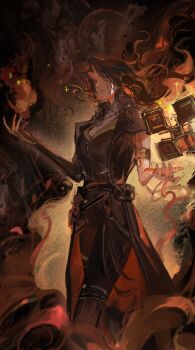 1girl absurdres armlet belt belt_pouch black_coat black_hair black_pants clair_obscur:_expedition_33 coat facial_mark fire floating floating_hair floating_object floating_weapon from_side g6pbe3jgajacf8x grey_eyes highres jewelry long_hair lune_(clair_obscur:_expedition_33) pants parted_lips pouch solo standing