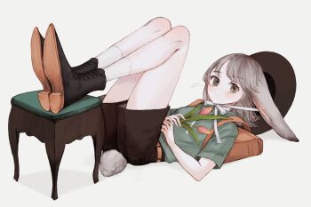 1girl animal_ears belt black_boots black_hat black_shorts blush boots brown_belt chair chinstrap closed_mouth collared_shirt commentary_request dated flower full_body green_shirt grey_eyes grey_hair hat holding holding_flower legs_up limo_nine looking_at_viewer lying on_back original rabbit_ears rabbit_girl rabbit_tail shirt short_hair short_sleeves shorts signature simple_background socks tail tulip white_background white_socks