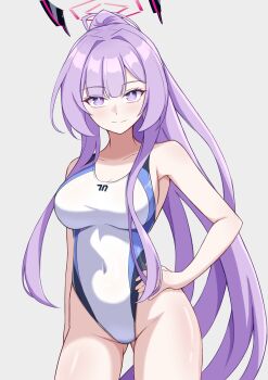 1girl absurdres alternate_costume black_one-piece_swimsuit blue_archive blue_one-piece_swimsuit breasts competition_swimsuit covered_navel floating_headgear halo hand_on_own_hip headgear highleg highleg_one-piece_swimsuit highres large_breasts long_hair looking_at_viewer minaduki0707 multicolored_swimsuit one-piece_swimsuit ponytail purple_eyes purple_hair smile solo swimsuit triangle_halo utaha_(blue_archive) very_long_hair white_one-piece_swimsuit