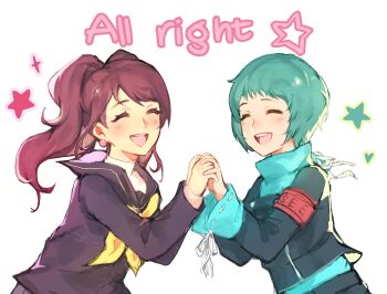 Rule 34 | 2girls, aqua hair, aqua sweater, armband, black jacket, black sailor collar, black serafuku, blush, closed eyes, commentary, earrings, english commentary, facing another, gekkoukan high school uniform, heart, highres, holding hands, in-franchise crossover, jacket, jewelry, kujikawa rise, long hair, long sleeves, mallows, multiple girls, neckerchief, open mouth, persona, persona 3, persona 4, red armband, s.e.e.s, sailor collar, school uniform, serafuku, short hair, simple background, smile, sparkle, star (symbol), sweater, trait connection, twintails, upper body, white background, yamagishi fuuka, yasogami school uniform, yellow neckerchief