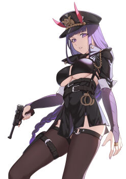 1girl absurdres alternate_costume alternate_universe belt black_belt black_bra black_choker black_hat black_jacket black_skirt black_thighhighs blue_pupils blunt_bangs bra braid breasts bridal_gauntlets choker commentary_request cqc_no_hashi_neko cropped_jacket cuffs from_side genshin_impact gradient_hair gun handcuffs handgun hat high-waist_skirt high_collar highres holding holding_gun holding_weapon horns jacket large_breasts leather leather_jacket long_braid long_hair looking_at_viewer looking_down looking_to_the_side military_hat military_police mole mole_under_eye multicolored_eyes multicolored_hair multiple_belts panties parted_lips police police_hat police_uniform policewoman purple_eyes purple_hair raiden_shogun red_horns shade shoulder_pads simple_background single_braid skirt sleeves_rolled_up solo standing streaked_hair teeth thighhighs thighs torn_clothes torn_hat underboob underwear upper_body walther walther_p38 weapon white_background