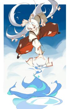 1girl absurdres arm_belt between_fingers blue_fire bow collared_shirt commentary crt599 fire fujiwara_no_mokou grey_hair grey_shirt hair_bow highres holding long_hair long_sleeves multiple_hair_bows ofuda ofuda_between_fingers ofuda_on_clothes pants pyrokinesis red_eyes red_pants shirt solo suspenders torn_clothes torn_sleeves touhou very_long_hair