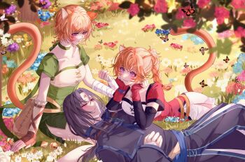 1boy 2girls absurdres abyss_of_alyss animal_ears bell belt belt_pouch black_hair blush braid breasts bug butterfly cat_ears cat_girl cat_tail choker cleavage collar commentary commission eyelashes facepaint facial_mark fire_emblem fire_emblem:_path_of_radiance fire_emblem:_radiant_dawn flower forehead_mark gloves green_choker green_collar green_shorts hair_between_eyes hand_guard highres insect laguz_(fire_emblem) lethe_(fire_emblem) lying_on_lap lying_on_person lyre_(fire_emblem) medium_breasts multiple_girls nintendo o-ring o-ring_belt one_eye_closed orange_hair orange_tail outdoors pink_choker pink_collar pouch purple_eyes red_eyes sash shorts siblings side_slit side_slit_shorts sisters soren_(fire_emblem) tail twins vgen_commission waist_sash whisker_markings wrist_wrap