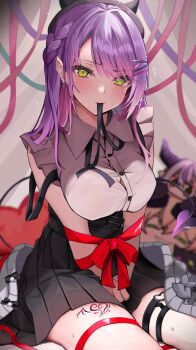 1girl anya&#039;s_heh_face_(meme) black_skirt blurry blurry_background blush breasts commentary_request green_eyes highres hololive la+_darknesss large_breasts leg_tattoo long_hair meme momosuzu_nene punikasu purple_hair red_ribbon restrained ribbon shirt skirt solo tattoo tokoyami_towa virtual_youtuber white_shirt