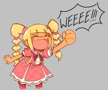 >_< 1girl :d blonde_hair blush chibi clenched_hand closed_eyes commentary cropped_legs crystal_(tomodachi_life:_living_the_dream) dark-skinned_female dark_skin dress english_commentary english_text facing_viewer fangs grey_background hand_up long_hair maxoke multi-tied_hair open_mouth pantyhose pink_dress pink_pantyhose puffy_short_sleeves puffy_sleeves sailor_collar short_sleeves smile solo speech_bubble tomodachi_life tomodachi_life:_living_the_dream twintails