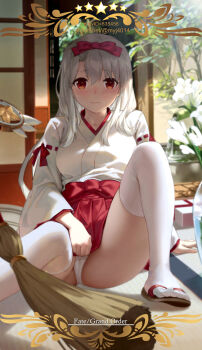 1girl blush commentary_request fate/grand_order fate/kaleid_liner_prisma_illya fate_(series) flower hakama hakama_short_skirt hakama_skirt highres illyasviel_von_einzbern japanese_clothes kaleidostick long_hair looking_at_viewer magical_ruby miko panties red_eyes red_ribbon ribbon skirt thighhighs underwear white_hair white_panties white_thighhighs yijian_ma