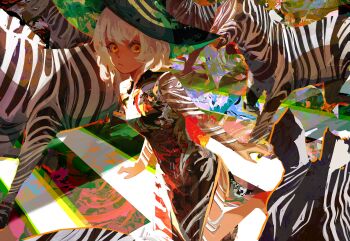 1girl abstract_background absurdres colorful commentary crosswalk dark_skin english_commentary hat highres kevin_adi looking_at_viewer original white_hair wizard_hat yellow_eyes zebra