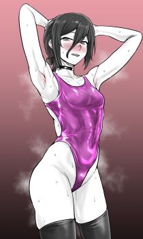 Rule 34 | 1girl, absurdres, armpits, arms behind head, arms up, black choker, black thighhighs, blush, breasts, chainsaw man, choker, cowboy shot, hair between eyes, hair bun, half-closed eyes, highres, kaiman garupan, looking at viewer, medium hair, nose blush, one-piece swimsuit, open mouth, partially colored, pink background, presenting armpit, purple one-piece swimsuit, reze (chainsaw man), shiny swimsuit, single hair bun, sleeveless, small breasts, smile, solo, standing, steaming body, sweat, swimsuit, thighhighs