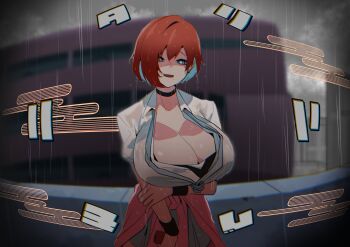1girl absurdres black_choker blue_eyes breasts choker cleavage colored_inner_hair commentary_request cowboy_shot double-parted_bangs highres huge_breasts looking_at_viewer multicolored_hair open_mouth original rain red_hair sakino_yumeko shirt short_hair short_sleeves smile solo wet wet_clothes wet_shirt white_shirt