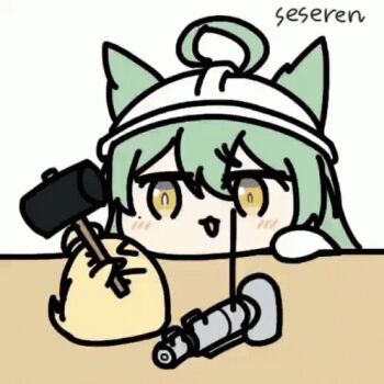 1girl ahoge akashi_(azur_lane) animated animated_gif azur_lane baby_animal bird chick hammer lowres manjuu_(azur_lane) seseren