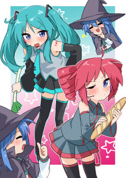 2girls ^_^ absurdres ahoge aqua_hair aqua_necktie aqua_skirt baguette bare_shoulders black_boots black_hat black_skirt blue_hair boots bread closed_eyes commentary cosplay detached_sleeves drill_hair food grey_shirt grey_skirt hat hatsune_miku hatsune_miku_(cosplay) headset highres hiiragi_kagami holding holding_bread holding_food holding_spring_onion holding_vegetable izumi_konata kasane_teto kasane_teto_(cosplay) kita_high_school_uniform long_hair looking_at_another looking_at_viewer lucky_star multiple_girls multiple_views nagato_yuki nagato_yuki_(cosplay) necktie one_eye_closed open_mouth pepsi2330 pleated_skirt purple_eyes red_hair school_uniform serafuku shirt shoulder_tattoo skirt sleeveless sleeveless_shirt smile spring_onion star_(symbol) suzumiya_haruhi_no_yuuutsu tattoo thigh_boots thumbs_up twin_drills twintails untranslatable_commentary utau vegetable vocaloid white_shirt witch witch_hat