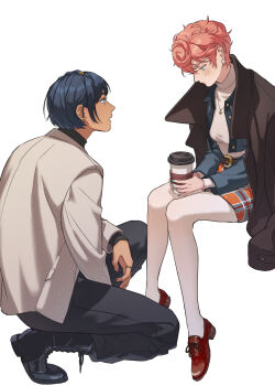 1boy 1girl blush bruno_bucciarati dark-skinned_male dark_skin highres jacket jacket_on_shoulders jojo_no_kimyou_na_bouken ladybug_ornament moonnacorn open_clothes open_jacket pink_hair polka_dot polka_dot_hair trish_una vento_aureo