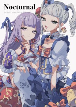 2girls absurdres aikatsu!_(series) bell bell_earrings blue_dress blue_gloves bow bow_earrings brooch buttons collarbone crown dress earrings frilled_dress frilled_sleeves frills gem gloves green_eyes grey_hair guri_(ak1002s) hand_in_another&#039;s_hair highres hikami_sumire jewelry long_hair looking_at_viewer mini_crown multiple_girls puffy_short_sleeves puffy_sleeves purple_eyes purple_hair red_bow red_gemstone red_skirt ringlets short_sleeves simple_background skirt smile todo_yurika twintails white_background wrist_cuffs