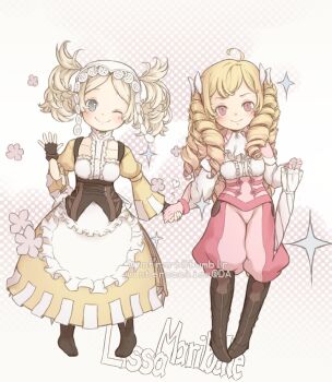 2girls ;) ascot blonde_hair bow breasts dress drill_hair fire_emblem fire_emblem_awakening full_body gloves hair_bow holding_hands lissa_(fire_emblem) long_hair looking_at_viewer maribelle_(fire_emblem) multiple_girls nintendo one_eye_closed pink_gloves small_breasts smile twintails waving white_ascot white_bow wintercookies yellow_dress yuri