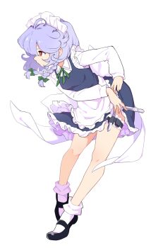 1girl apron black_dress black_shoes braid breasts clothes_lift commentary dress dress_lift frilled_apron frilled_dress frills full_body grey_hair highres izayoi_sakuya knife long_sleeves maguro_(mawaru_sushi) maid maid_apron maid_headdress red_eyes shoes short_hair simple_background small_breasts socks solo touhou twin_braids white_apron white_background white_socks