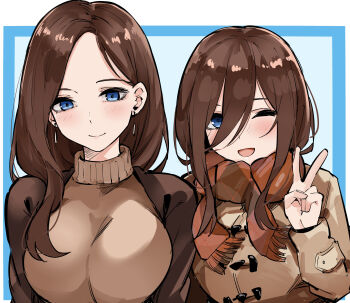 2girls age_progression aged_up before_and_after blue_eyes breasts brown_hair commentary_request earrings go-toubun_no_hanayome highres jewelry large_breasts long_hair mame1645 multiple_girls nakano_miku one_eye_closed open_mouth scarf smile turtleneck v