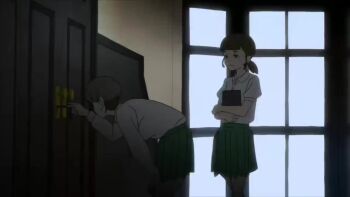 2girls animated book character_request collared_shirt devilman devilman_crybaby dry_humping female_focus green_skirt holding holding_book humping long_sleeves medium_hair miniskirt multiple_girls necktie pleated_skirt school_uniform sexually_suggestive shirt short_hair short_sleeves skirt tagme video white_hair yuri