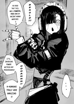 10_4_(10f0ur) 1girl @_@ absurdres android apron bishoujo_senshi_sailor_moon black_hair blunt_bangs c-bas cowboy_shot english_text garter_straps greyscale hair_over_one_eye highres long_sleeves maid maid_headdress mechanical_spine midriff monochrome open_mouth original robot_ears robot_girl see-through_body solo speech_bubble tsuki_ni_kawatte_oshioki_yo v-shaped_eyebrows waist_apron