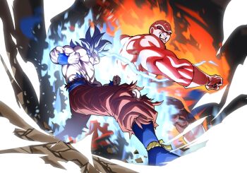 2boys alien angry aura bald battle black_eyes blue_sash clenched_hand debris dougi dragon_ball dragon_ball_super gloves hello_isedol highres jiren looking_at_another male_focus multiple_boys pants sash shirt son_goku spiked_hair topless_male torn_clothes torn_pants torn_shirt tournament_of_power ultra_instinct veins white_footwear white_gloves white_hair