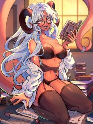 Rule 34 | colored skin, glasses, horns, melissa belladonna, red-skinned female, red skin, tail, thighhighs, underwear, white hair
