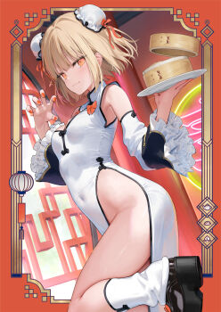 1girl bare_shoulders blonde_hair blush breasts china_dress chinese_clothes closed_mouth commentary_request covered_navel detached_sleeves double_bun dress frilled_sleeves frills hair_bun highres holding holding_tray looking_at_viewer loose_socks mignon nail_polish no_panties orange_eyes original platform_shoes short_hair side_slit small_breasts smile socks solo standing standing_on_one_leg tray white_dress white_socks wide_sleeves
