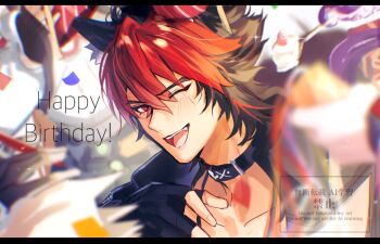 1boy animal_ears black_choker black_gloves black_hair choker collarbone commentary_request dog_boy dog_ears fingerless_gloves gloves happy_birthday komano_manato male_focus min_(kmn_aria) multicolored_hair muscular muscular_male red_hair scar scar_on_face zenless_zone_zero
