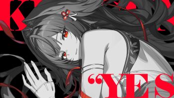 Rule 34 | 1girl, absurdres, animal ears, bare shoulders, black hair, book, breasts, character name, commentary request, english text, fox ears, fox girl, gradient hair, headband, highres, large breasts, long hair, looking at viewer, madyy, mindscape cinema (zenless zone zero), multicolored hair, nail polish, parted lips, partially colored, red eyes, sideboob, tearing up, ye shunguang, zenless zone zero