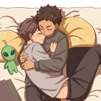Rule 34 | 2boys, absurdres, black pants, brown hair, closed eyes, closed mouth, commentary, cuddling, english commentary, grey sweater, haikyuu!!, highres, hug, iwaizumi hajime, lying, male focus, multiple boys, oikawa tooru (haikyuu!!), on side, pants, parted bangs, short hair, smile, spiked hair, stuffed toy, sweater, yaoi, yokomiro chan