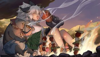 1girl :3 animal_ear_piercing animal_ears animal_hands anna_(tate_no_yuusha_no_nariagari) bandana bare_shoulders black_ears black_gloves boned_meat breasts buck_teeth campfire cleavage cleavage_cutout closed_eyes clothing_cutout crop_top dark-skinned_female dark_skin drooling eating evening fang fanning fire food game_cg gloves grey_hair high_ponytail holding holding_leaf holding_skewer knees_up labo_(tate_no_yuusha_no_nariagari) leaf long_hair meat medium_breasts midriff non-web_source official_art on_ground open_mouth outdoors paw_gloves ponytail purple_sky red_bandana shorts sitting skewer sky sleeveless smoke tate_no_yuusha_no_nariagari tate_no_yuusha_no_nariagari_rise teeth white_shorts