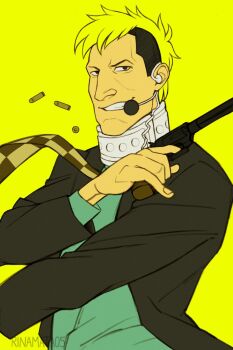 1boy ace_attorney ace_attorney_investigations ace_attorney_investigations_2:_prosecutor&#039;s_gambit black_hair black_jacket blonde_hair bronco_knight green_shirt grin gun headset highres holding holding_gun holding_weapon jacket karina_mata long_sleeves male_focus mohawk multicolored_hair neck_brace scarf shell_casing shirt simple_background smile solo two-tone_hair weapon yellow_background