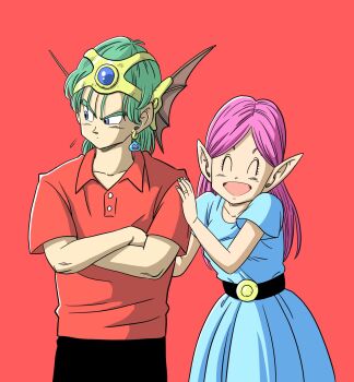 Rule 34 | 1boy, 1girl, blue dress, blue eyes, crossed arms, cynthia (dq4), dragon quest, dragon quest iv, dress, earrings, green hair, hero (dq4), highres, jewelry, lee (dragon garou), official style, pink hair, pointy ears, polo shirt, red background, red shirt, shirt, slime (dragon quest), toriyama akira (style)