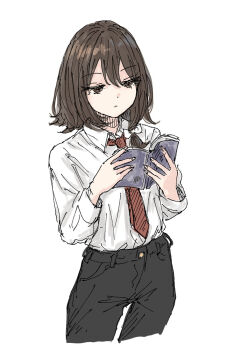Rule 34 | 1girl, alternate costume, black pants, book, bow, brown eyes, brown hair, closed mouth, collared shirt, hair between eyes, hair bow, highres, holding, holding book, kashiwada kiiho, long sleeves, medium hair, necktie, no headwear, pants, reading, red necktie, shirt, shirt tucked in, signature, simple background, solo, standing, touhou, usami renko, white background, white bow, white shirt
