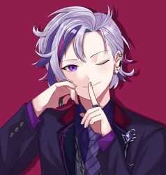 Rule 34 | 1boy, ;), absurdres, ear piercing, fuwa minato, grey hair, hand up, highres, index finger raised, iwashi0725, jacket, jewelry, long sleeves, looking at viewer, male focus, multicolored hair, nijisanji, one eye closed, piercing, purple eyes, purple hair, purple shirt, red background, ring, shirt, short hair, smile, solo, streaked hair, virtual youtuber
