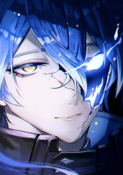 Rule 34 | 1boy, black background, broken mask, colored eyelashes, crack, cracked kawaii mask, cracked mask, crossed bangs, double-parted bangs, flins (genshin impact), genshin impact, glowing, glowing eye, gradient hair, hair between eyes, hashtag-only commentary, highres, looking at viewer, male focus, mask, multicolored hair, portrait, solo, torisukedesu, wing collar, yellow eyes