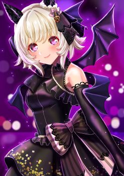 1girl animal_ears black_dress black_gloves black_wings blush bow breasts closed_mouth commentary_request curren_chan_(sakutsuki_ma_cherie)_(umamusume) curren_chan_(umamusume) dated_commentary demon_girl demon_wings dress dress_bow ear_bow ear_covers elbow_gloves gloves grey_hair hair_between_eyes highres horse_ears horse_girl looking_at_viewer medium_breasts official_alternate_costume otono_(bkt4b) purple_eyes short_hair sleeveless smile solo umamusume wedding_dress wings