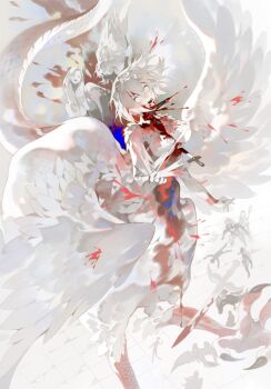 1girl bleeding blood blood_from_mouth blood_on_arm blood_on_clothes blood_on_face blood_on_hands blood_splatter bloody_weapon body_fur claws colored_skin dragon_tail dungeon_meshi eteru falin_touden falin_touden_(chimera) feathered_wings feathers from_above full_body hashtag-only_commentary highres impaled injury looking_at_viewer monster_girl multiple_others multiple_wings open_mouth scales short_hair solo_focus sword tail talons taur weapon white_eyes white_feathers white_fur white_hair white_theme white_wings wings