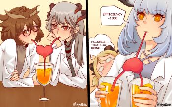 4girls arknights black-framed_eyewear blonde_hair blush brown_eyes brown_hair brown_shirt commentary crazy_straw cup drinking drinking_straw earrings english_commentary english_text feathered_wings glasses grey_hair grey_shirt grey_wings hair_between_eyes head_wings heart_straw highres holding holding_cup horns ifrit_(arknights) jewelry kirie_kyrye lab_coat multiple_girls open_clothes orange_eyes ptilopsis_(arknights) red_eyes saria_(arknights) semi-rimless_eyewear shared_drink shirt silence_(arknights) stud_earrings table tears twitter_username under-rim_eyewear wings yuri