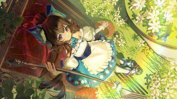 1girl absurdres animal_ears arknights bell bird blue_bow blue_bowtie bow bowtie brown_hair brown_shoes closed_mouth curled_horns dress eyjafjalla_(arknights) eyjafjalla_the_hvit_aska_(a_picnic_before_a_long_trip)_(arknights) eyjafjalla_the_hvit_aska_(arknights) flower food fork from_above fruit hair_bow highres holding holding_fork horns jingle_bell long_hair looking_at_viewer neck_bell oversized_food oversized_fork oversized_object pantyhose pink_eyes sheep_ears sheep_girl sheep_horns shoes solo standing strawberry very_long_hair white_flower white_pantyhose