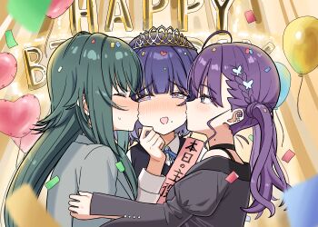 Rule 34 | 3girls, absurdres, ahoge, aroon, balloon, birthday sash, black choker, black shirt, black vest, blue ribbon, blunt bangs, blush, braid, butterfly hair ornament, cheek kiss, choker, closed eyes, coat, collared shirt, commentary request, confetti, double cheek kiss, ear piercing, from side, gakuen idolmaster, girl sandwich, green hair, grey coat, hair ornament, happy birthday, hataya misuzu, hatsuboshi gakuen school uniform, heart, heart-shaped pupils, heart balloon, highres, hug, idolmaster, juliet sleeves, kaya rinha, kiss, kissing cheek, lone nape hair, long hair, long sleeves, looking at another, looking to the side, mole, mole on neck, mole under mouth, multiple girls, neck ribbon, open mouth, piercing, profile, puffy sleeves, purple eyes, purple hair, ribbon, sandwiched, sash, school uniform, shirt, short hair, shoulder sash, side braid, small sweatdrop, symbol-shaped pupils, tiara, tsukimura temari, twintails, upper body, vest, white shirt, yuri
