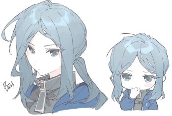 1girl bari_(project_moon) blue_eyes blue_hair blush_stickers chibi closed_mouth hair_between_eyes hand_up hashtag-only_commentary hr101100 limbus_company long_hair looking_at_viewer multiple_views project_moon simple_background solo upper_body white_background