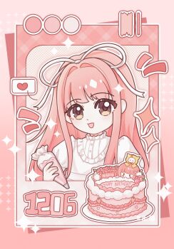 Rule 34 | 1girl, artist name, bib collar, birthday, brown eyes, buttons, character-themed food, chinese commentary, collared dress, commentary request, dot nose, dress, eyes visible through hair, flower, frilled dress, frills, gradient background, hair intakes, hair ribbon, happy, happy birthday, heart, highres, holding pasteur pipette, large ribbon, long hair, long sidelocks, looking at viewer, momo (nikki), nikki (nikki), nikki (series), open mouth, outline, pink background, pink flower, pink hair, pink rose, puffy short sleeves, puffy sleeves, ribbon, rose, shadow, short sleeves, sidelocks, smile, snowflakes, solo, sparkle, speech bubble, spoken heart, table, upper body, very long hair, white dress, white outline, white ribbon, yoolaluxiaoyou