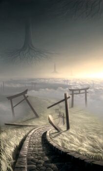 architecture bad_id bad_pixiv_id cloud east_asian_architecture grass highres horizon kayakigi landscape multiple_torii no_humans original path plant_roots road scenery shadow sky surreal torii tree twilight wind