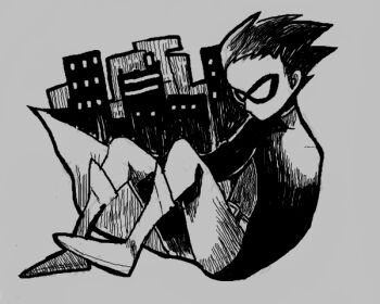 1boy aki_(0_deeeen) cape cartoon_network city dc_comics dick_grayson domino_mask eye_mask male_focus mask monochrome robin_(dc) solo teen_titans