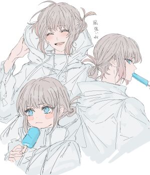 Rule 34 | 1boy, absurdres, blue eyes, blush, blush stickers, closed mouth, coat, eyelashes, fate/grand order, fate (series), food, food in mouth, frown, grey hair, happy, highres, holding, holding food, holding popsicle, hood, hooded coat, male focus, oberon (fate), open mouth, ponytail, popsicle, popsicle in mouth, short hair, short ponytail, teeth, translation request, upper teeth only, variations, white coat, yurumawari