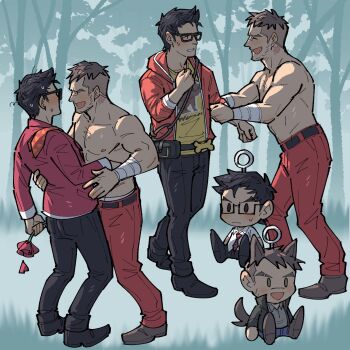 2boys animal_ears bandaged_arm bandages beard_stubble belt black-framed_eyewear black_belt black_footwear black_hair black_jacket black_pants blush brown_footwear brown_hair character_charm charm_(object) closed_mouth collarbone collared_shirt commentary david_king_(dead_by_daylight) dead_by_daylight dwight_fairfield english_commentary facial_hair flower forest glasses grass hand_on_another's_back highres holding holding_flower hood hooded_jacket jacket kalamari male_focus multiple_boys nature necktie nipples open_clothes open_jacket open_mouth outdoors pants parted_lips pectorals popped_collar rectangular_eyewear red_flower red_jacket red_necktie red_pants shirt short_hair strongman_waist stubble sweat teeth topless_male tree triangle_mouth very_sweaty white_shirt wing_collar yaoi yellow_shirt